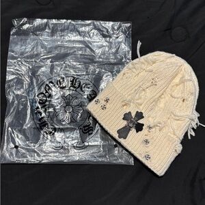 Chrome Hearts Ivory Knit Beanie with Cross Accents